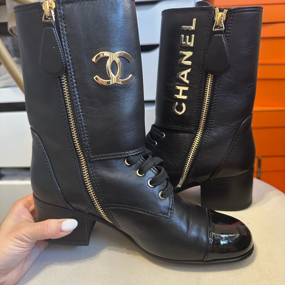 Chanel Black Leather Lace-Up Boots with Gold Accents
